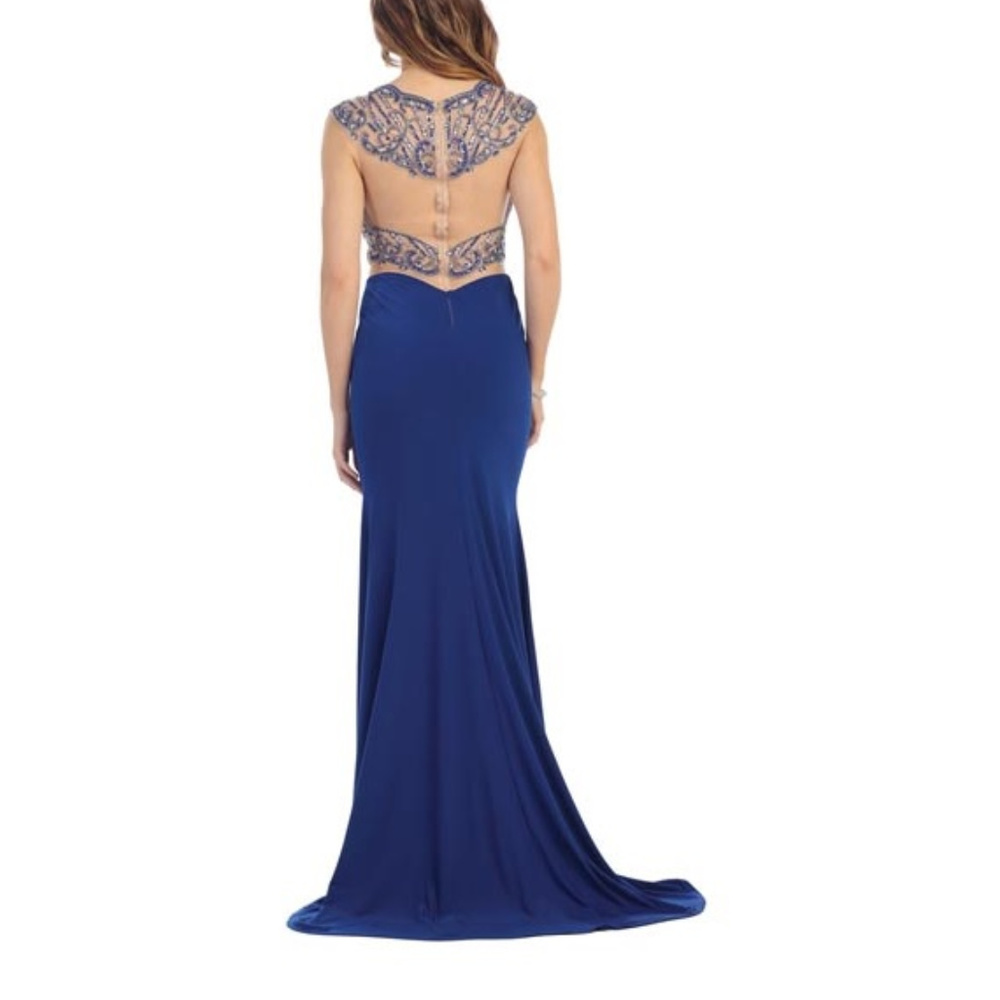 Royal Blue Jewel Embellished High Side Slit Gown_3